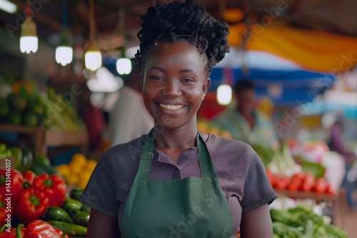 Smiling African American woman standing at vegetables stall and selling to customers at market place