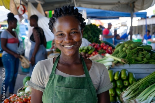 Smiling African American woman standing at vegetables stall and selling to customers at market place