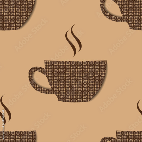 A coffee cup seamless pattern. A dotted 3d coffee cups brown background. A coffee or tea cup background. A coffee break illustration.