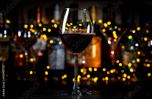 Italian dry red wine sangiovese in glass and wine bottles on dark bar background with lights