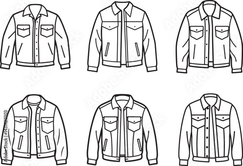 set of denim jacket line art, black outline, vector and illustration, coloring book page line art drawing