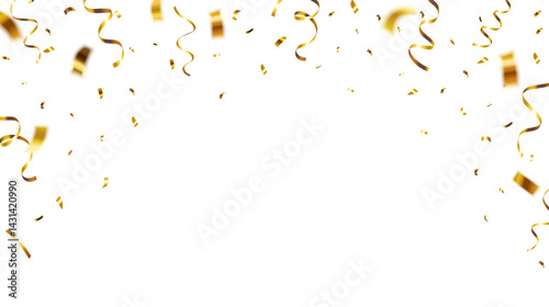 Falling gold shiny confetti and streamers with space in the middle isolated on transparent background