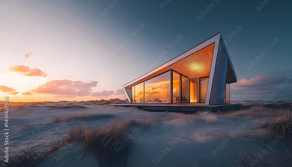 Fototapeta premium Modern beach house at sunset, surrounded by sand dunes, with warm light glowing from windows
