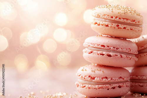 Delicate pink macarons stacked with golden sprinkles, soft bokeh background