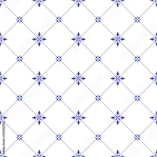 Mediterranean decorative seamless pattern. Blue tiles on white background. Minimalistic mosaic design of Portuguese, Italian, Spanish motifs. Ornament for home textile or ceramic. Vector illustration