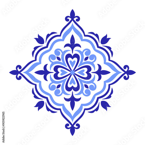 Mediterranean blue floral motif on white background. Traditional ethnic Portuguese, Moroccan, Spanish ornament, mosaic design. Vector illustration