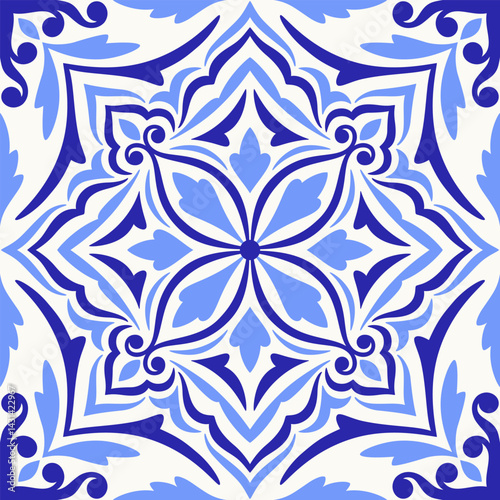Mediterranean tile, blue seamless pattern. Spanish, Portuguese, or Moroccan traditional ornament. Mosaic floral design with leaves, ethnic motifs for ceramic. Vector illustration