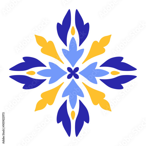 Mediterranean blue and yellow motif on white background. Traditional ethnic Portuguese, Moroccan, Spanish ornament, mosaic design. Vector illustration