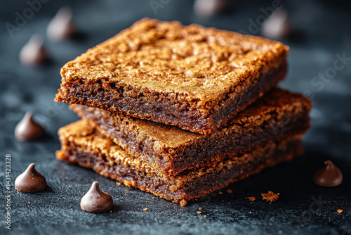 Rich chocolate brownies stacked on dark surface with chocolate chips scattered around