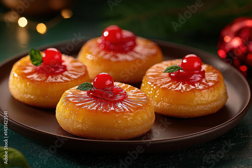Mini pineapple upside down cakes with cherries on dark plate, festive background