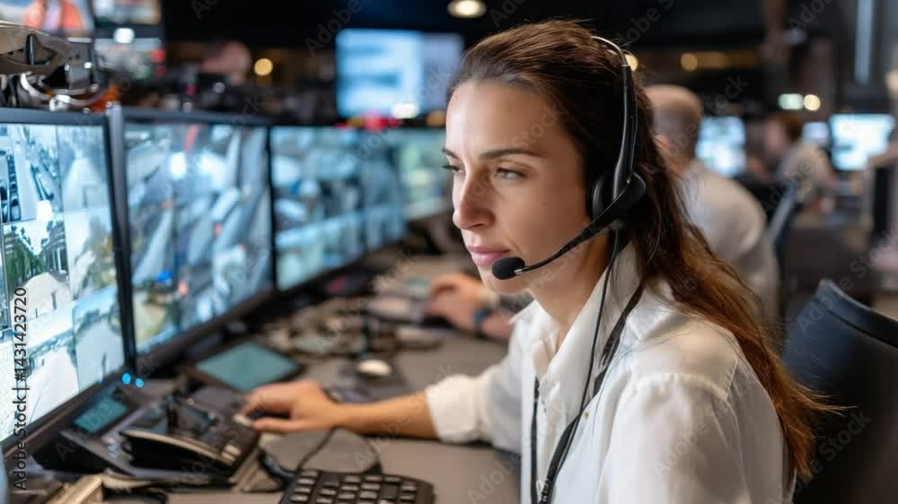 Security Operator Monitoring Screens: A focused female security operator wearing a headset intently monitors multiple screens displaying surveillance footage in a modern security control room.