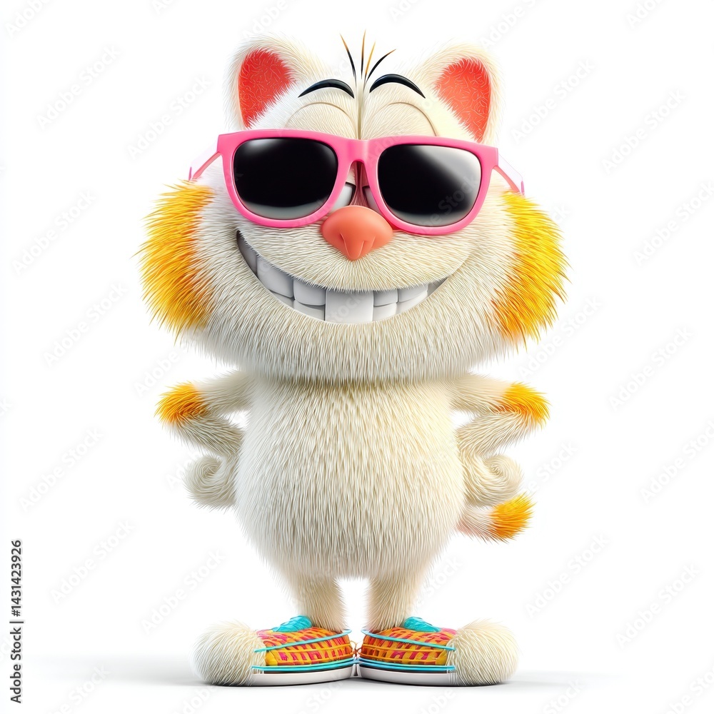 Fototapeta premium Cartoon Cat with White Fur in Sunglasses and Colorful Shoes on White Background
