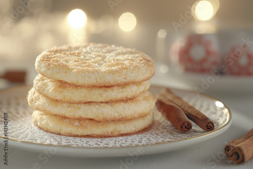Soft sugar cookies stacked on plate with cinnamon sticks