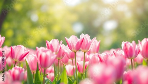 Pink Tulips Blooming in Spring Garden Bathed in Sunlight