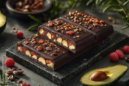 Rich dark chocolate bar with nuts, dried fruits, and avocado on stone slab