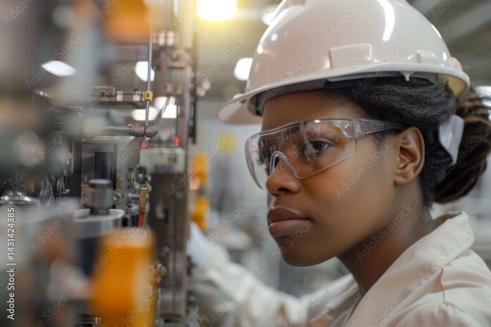 A factory worker in a hard hat and safety glasses, inspecting machinery on a production line in an industrial setting A factory worker in a hard hat and safety glasses, inspecting machinery on a production line in an industrial setting