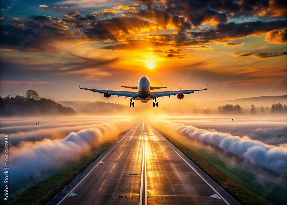 Airplane Taking Off in Fog, Dramatic Drone Shot, Low Visibility Airport Airplane Taking Off in Fog, Dramatic Drone Shot, Low Visibility Airport