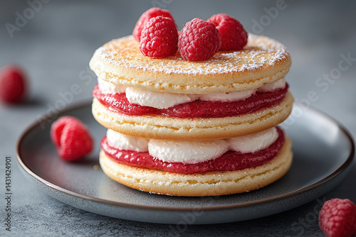 Delicious layered pancake dessert with raspberries and cream