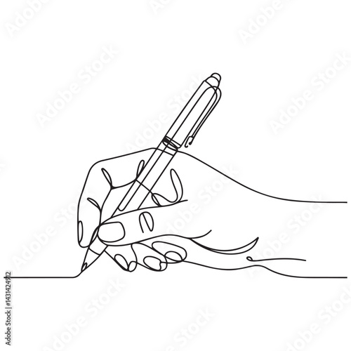 Continuous one line drawing hand palm fingers gestures pen, pencil. Ballpoint in hand. Writing or drawing with ink pen. Vector Black silhouettes. with white background