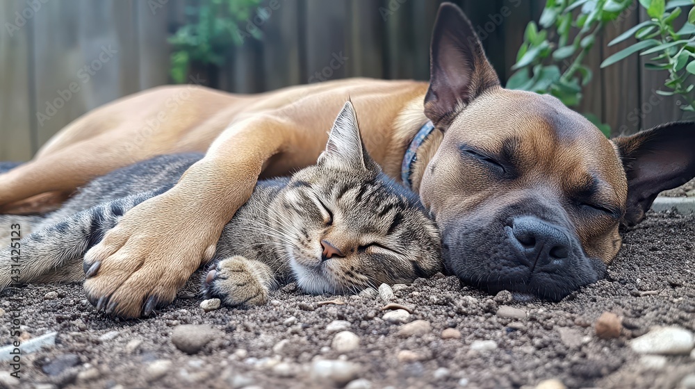 Fototapeta premium Dog and tabby cat sleeping together, laying in a garden outdoors. Use to show friendship, love, care, and other positive animal emotion.