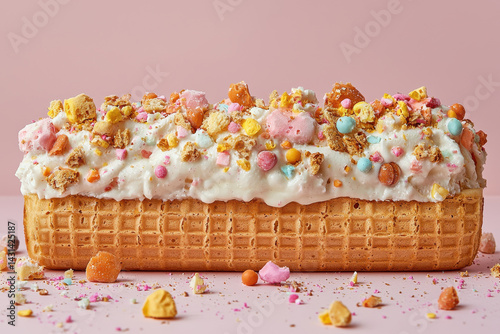 Colorful ice cream cake with waffle base and candy toppings on pastel pink background