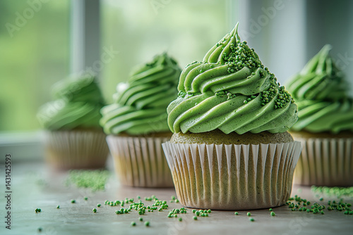 Green frosted cupcakes with sprinkles on table in soft natural light