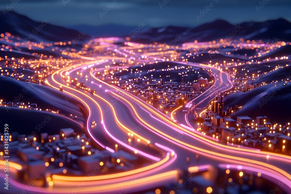 Fototapeta premium A nighttime aerial view of a city with glowing roads and buildings