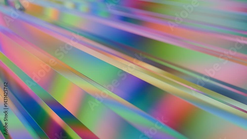 Holographic lines with iridescent stripes form rainbow streaks in a chromatic blur of spectral bands and gradient rays, showing prismatic flow through optical dispersion. Seamless loop. 3D render
