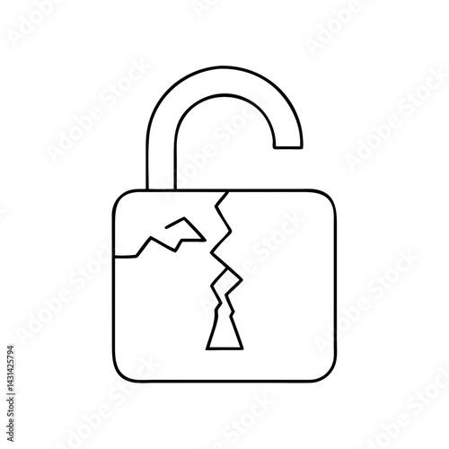 Vector outline broken padlock icon representing security risks and vulnerabilities
