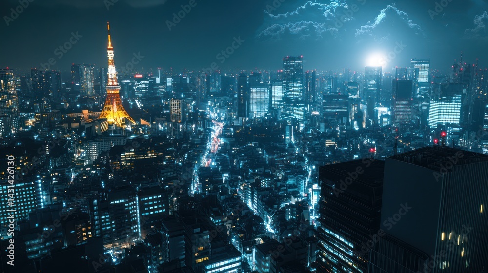 Fototapeta premium Tokyo nightscape, cityscape view, illuminated towers, traffic, stormy sky, urban background, website banner