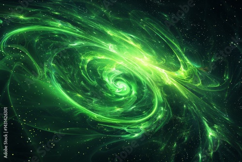A vibrant green energy burst radiating glowing particles in a swirling abstract motion