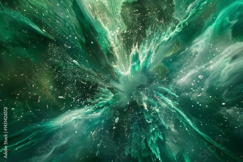 A vibrant green energy burst radiating glowing particles in a swirling abstract motion