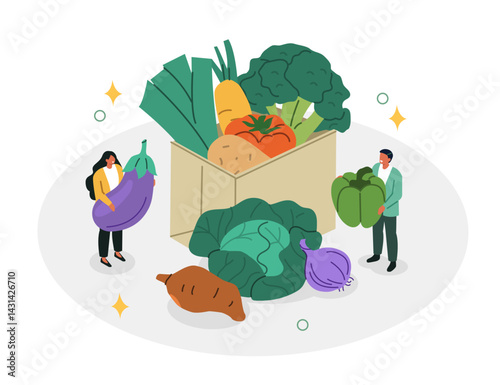 Grocery vegetables in supermarket paper bag. Characters buying broccoli, cabbage, eggplant, potato and other groceries, goods. Healthy eating concept. Isometric vector illustration.