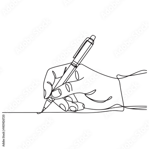 Continuous one line drawing hand palm fingers gestures pen, pencil. Ballpoint in hand. Writing or drawing with ink pen. Vector Black silhouettes. with white background
