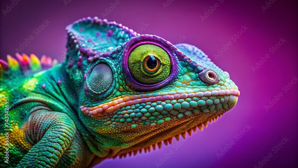 Obraz premium Amusing Chameleon Closeup: Funny Reptile Portrait with Mismatched Eyes, Purple Background