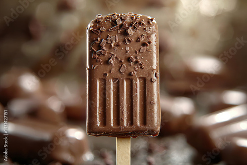 Chocolate ice cream bar with chocolate shavings in warm, soft focus background