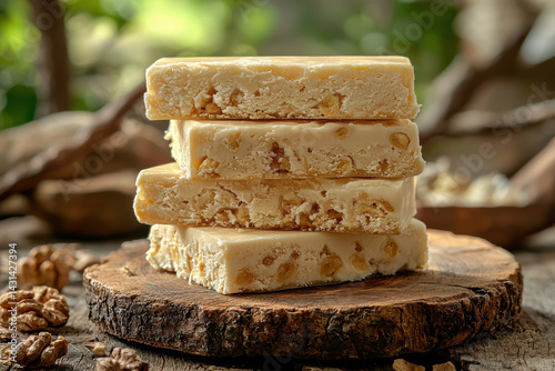 Creamy nut fudge stacked on rustic wooden surface, surrounded by walnuts