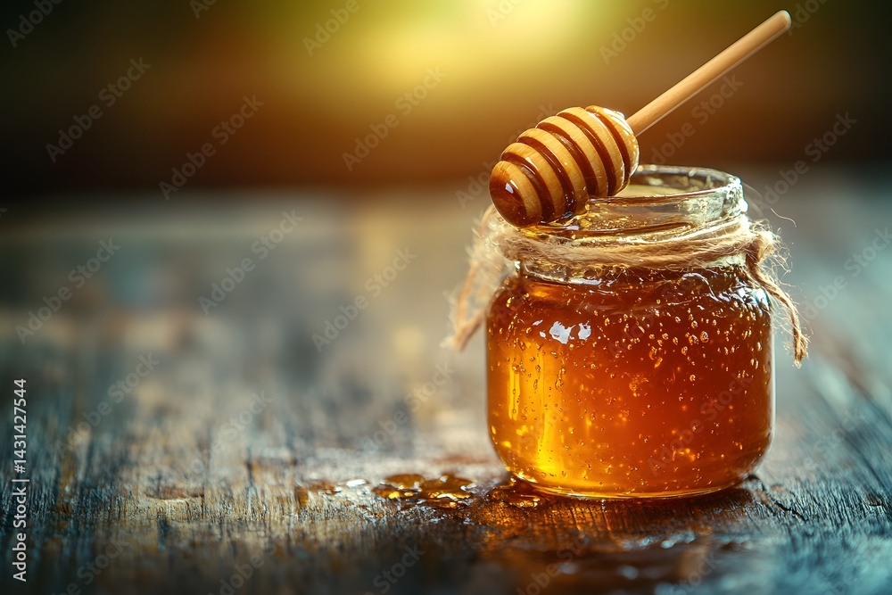 Close-up of honey jar with dipper on a rustic wooden table Golden light delicious and natural.
