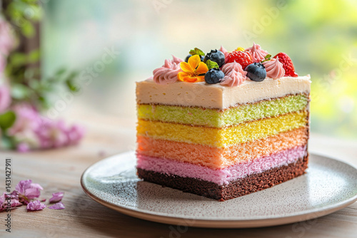 vibrant slice of rainbow layer cake with fresh berries and floral decoration