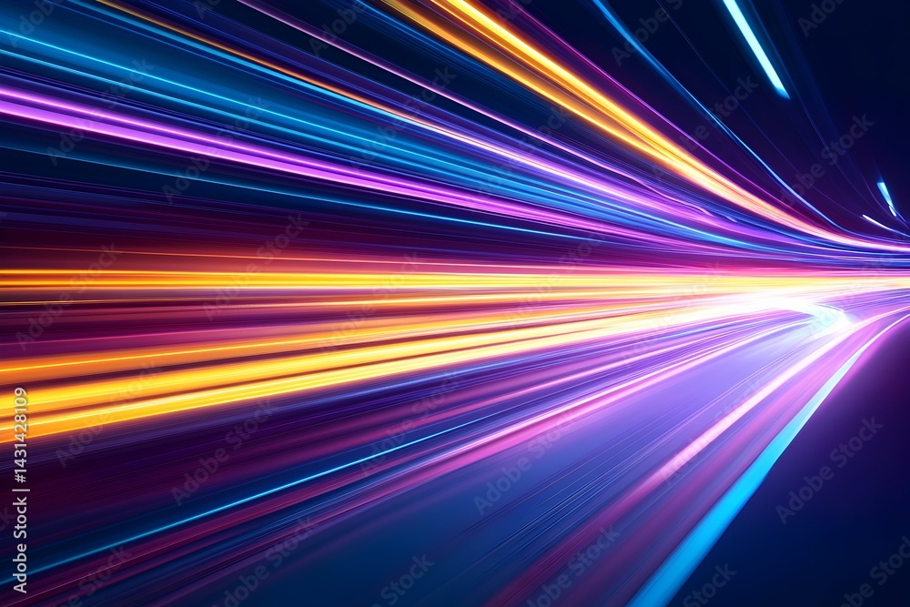 Abstract glowing lines of light converging in the center with blue, yellow, and purple hues