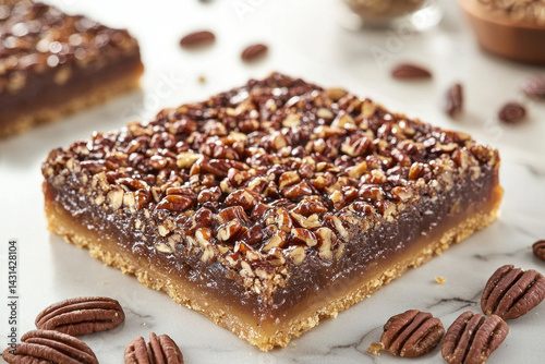 Caramel pecan bar with crumbly crust and glossy topping