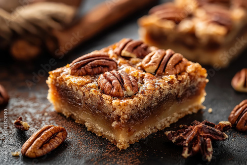 Close up of pecan pie bars with rich filling and crunchy pecans on dark background