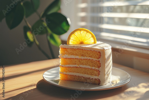 Slice of lemon cake on plate with sunlight streaming in