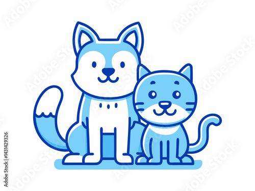 Cute Cartoon Husky Dog and Cat Sitting Together