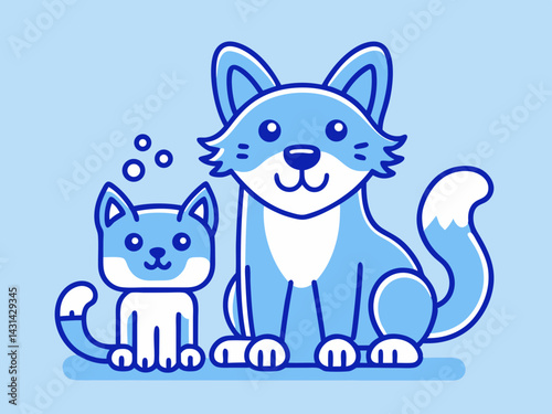 Cute Blue Cartoon Cats Sitting Together Illustration