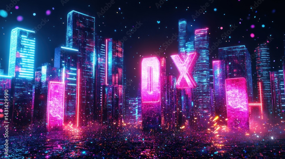 Obraz premium Futuristic city skyline at night, illuminated by vibrant neon lights