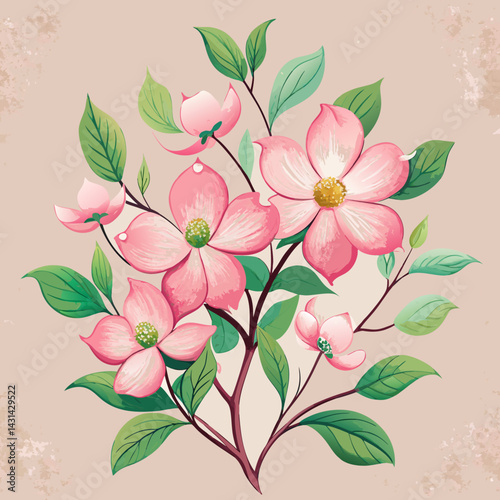 Elegant Pink Dogwood Blossom Branch with Lush Green Leaves