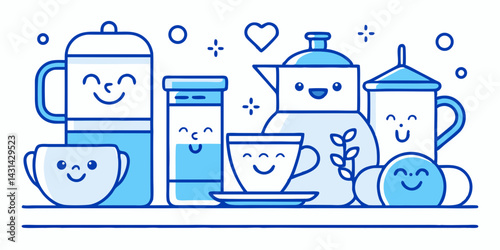 Cute Cartoon Coffee and Tea Set with Happy Faces