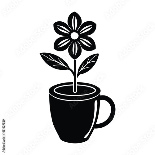 Flower growing out of coffee cup on white background