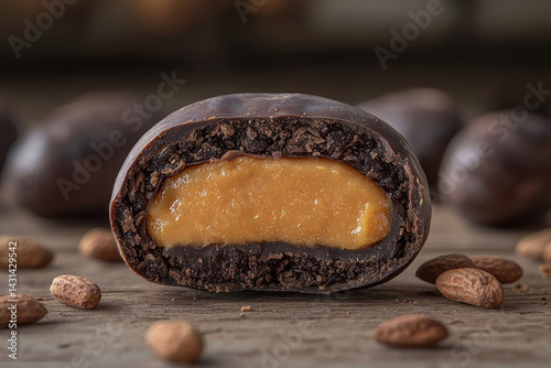 close up of chocolate confection with caramel filling, surrounded by cocoa beans